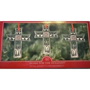 Home for the Holidays Three Tree Ornaments Clear Glass Crosses Metal Accents